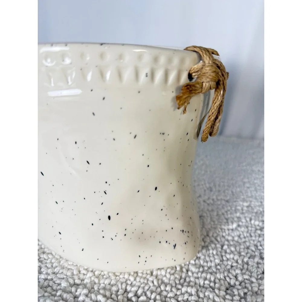 Creative Co Op Speckled Ceramic Planter‎ Pot Rustic Rope Detail Decorative